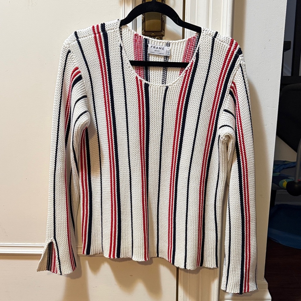 Frame Denim White Sweater with Red and Black Stripes